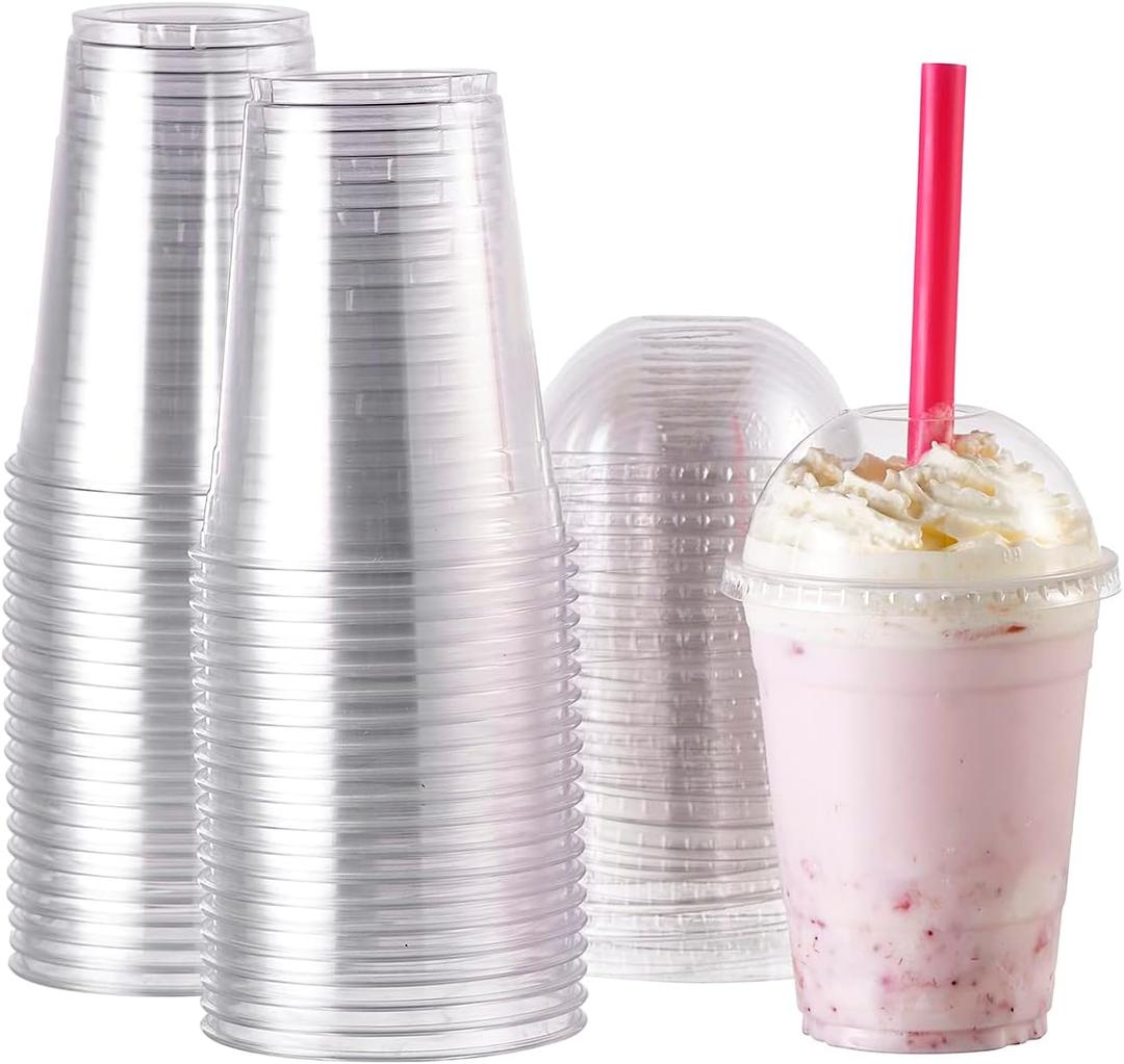 [100 Sets-16 oz.] Plastic Cups With Dome Straw Slot Lids PET Crystal Clear Disposable Togo Cup BPA Free For Party Ice Cold Drinks Coffee Tea Parfait Dessert Smoothie Bubble Boba Fruit Milkshake Slush
