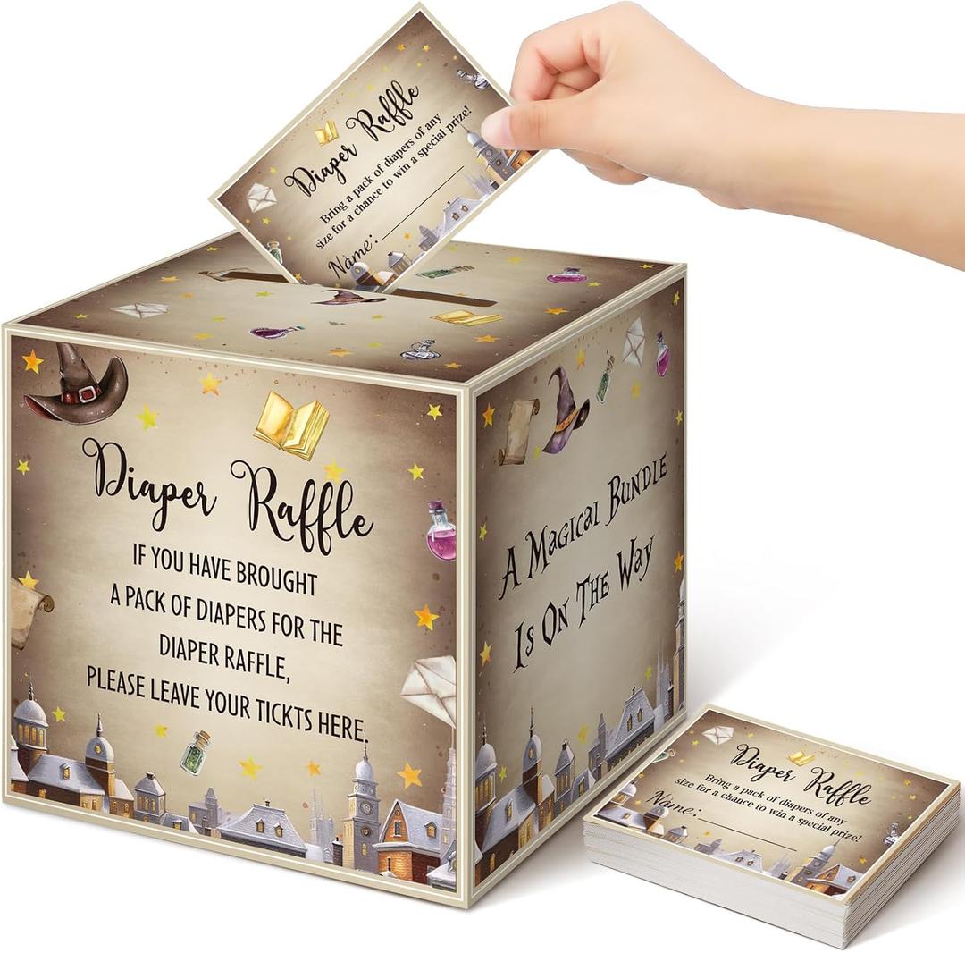 Teling 51 Pieces Diaper Raffle Tickets with Card Box Baby Shower Decorations Baby Shower Holder Box for Girl Boy Diaper Raffle Party(Magical Wizard Style)
