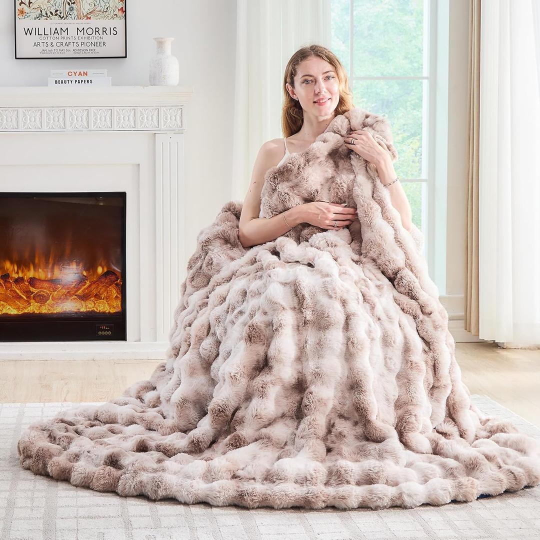 Lotus Karen Faux Fur Throw Blanket Tie-Dye Beige - Big Bubble Rabbit Fluff Blanket for Couch, Small Fluffy Fuzzy Cozy Blankets, Thick Furry Plush Shaggy Blankets, 60x80 Inches