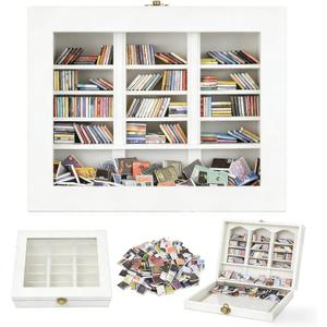 Stress Relief Mini Bookshelf Decoration Box with 300pcs Mini BooksMiniature Library for Book Lovers,Christmas Gifts for Family and FriendsEnd of Year Gifts for Children (White)