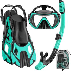 Snorkeling Gear for Adults, Mask Fin Snorkel Set, Dry Top Snorkel, Snorkeling Kit Travel Diving Package, Panoramic View Anti-Fog Anti-Leak (S/M)