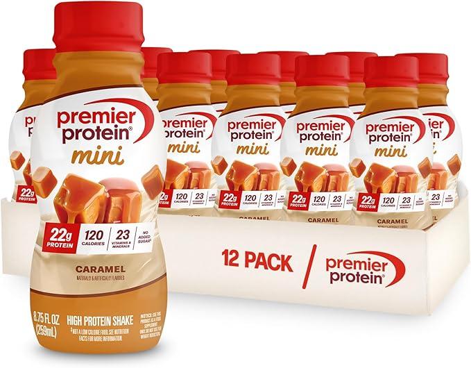 Premier Protein Shake MINIs, Caramel, 22g Protein, 120 Calories, 1g Sugar, 8.75fl oz, Pack of 12 (Best Before Aug. 17, 2026)