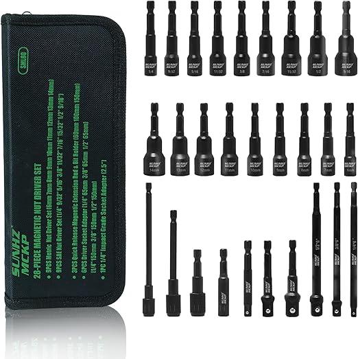 SUNHZMCKP Magnetic Nut Driver Set, 28 PCS Impact Driver Bit Set with 1/4" Quick Change Hex Shank, Metric & SAE Deep Nut Driver Set with Impact Socket Adapters, Bit Holder and Storage Bag