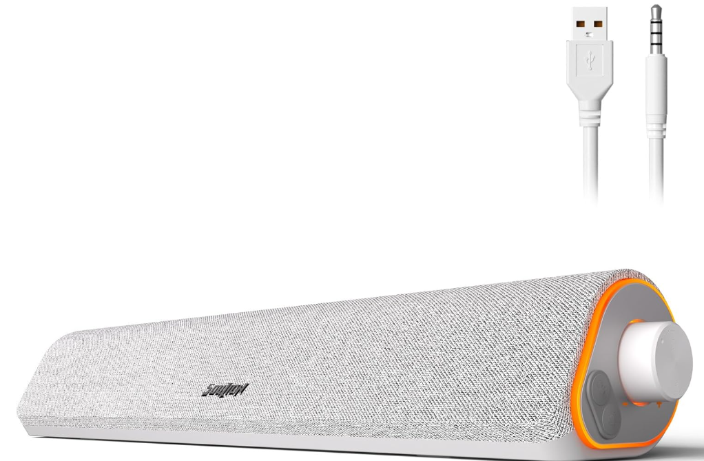 SOULION R50 Bluetooth Computer Speakers, USB Powered Pc Speakers for Desktop Monitor, 3.5mm Wired & Colorful LED Lights, Surround Sound Soundbar for Computer Laptop, White