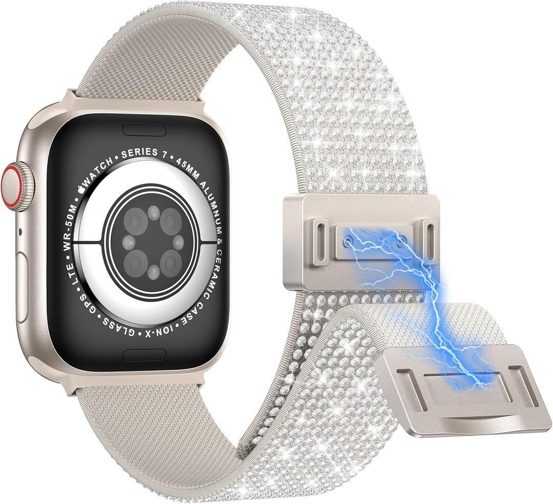 LETOID Stretchy Band Design for Apple Watch 38mm 40mm 41mm 42mm 44mm 45mm 49mm, Magnetic Elastic Nylon Strap Women Replacement Sport Solo Loop Wristband for iWatch Series Ultra 9 8 7 6 5 4 3 2 1 SE Magnetic Starlight 