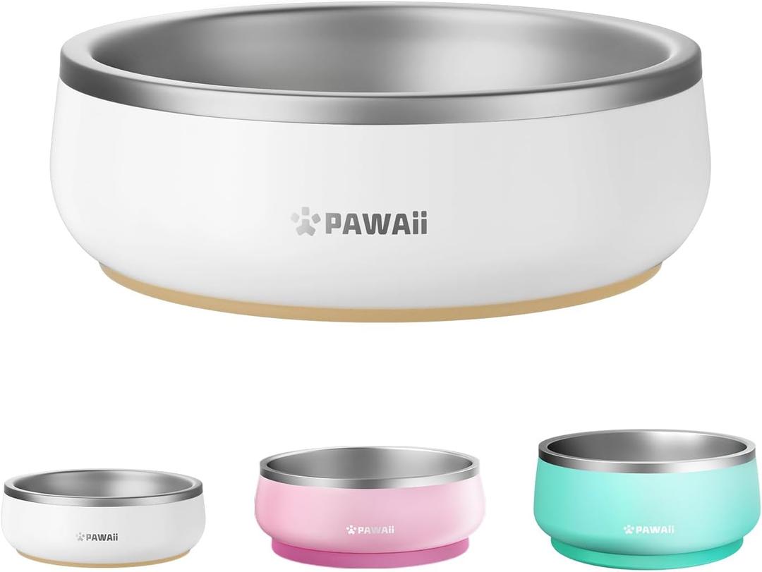 Pawaii Small Dog Bowls, 12 oz. Food Water Bowl Designed for Puppies and Cats with Non-Slip Rubber Base, Upgraded Metal Insulated, Double Stainless Steel Bowls (Cream White)