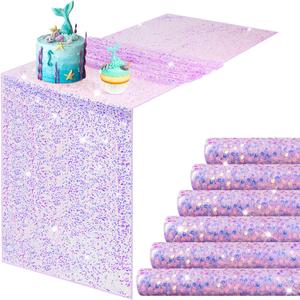 Remagr 6 Pcs Iridescent Purple Sequin Table Runner 12 x 72 Inch Mermaid Table Runner Glitter Sequin Sparkly Desk Cover for Wedding Birthday Party Ceremony Supplies Decor