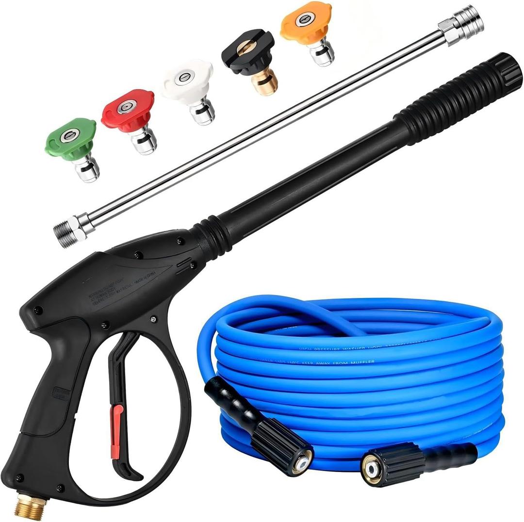 FENG PAI Pressure Washer Gun with 15in Extension Wand & 25FT Hose, 5 Nozzle Tips Quick Connect, Power Washer Hose and Wand Replacement, M22 14mm Fitting for Home Car Clean Washing, 4000 PSI, Blue