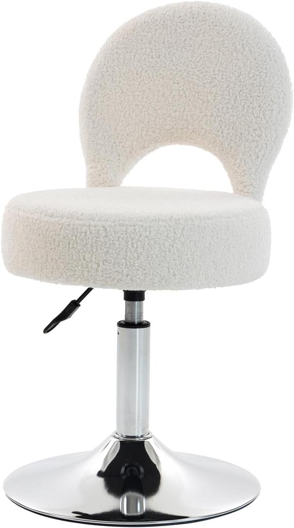 Adjustable Small Vanity Chair, 360 Swivel Vanity Stool with Folding Back for Teenager, Comfy Teddy Ottoman Stool for Bedroom, Dressing Room, Teddy Fabric, White