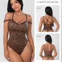 FeelinGirl Women Lace V Neck Cheetah Print Bodysuits Sleeveless Tummy Control Thong Shapewear Bodysuits for Plus Size Women Leopard XXL