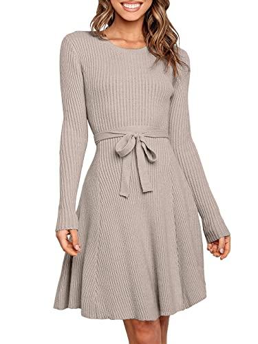 ANRABESS Women's Long Sleeve Midi Dress Crewneck Tie Waist A-Line Swing Casual Bodycon Ribbed Knit 2025 Fall Sweater Dress red Apricot Small