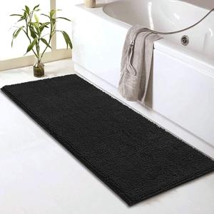 Non-Slip Black Extra Long Bath Mat for Bathroom Floor - Fluffy Soft Ultra Wet Absorbent Machine Washable Chenille Noodle Striped Rugs (59" x 20")