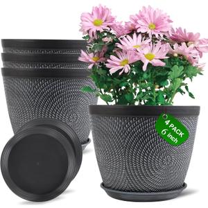 Quarut 4 Pack 6 Inch Flower Pots Planters for Outdoor Indoor, Plastic Plant Pots with Drainage Hole & Tray, Modern Decorative Garden Pot with Saucer, planters for House (Gray)