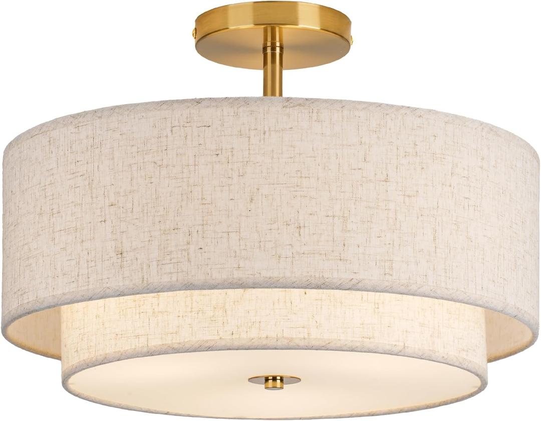16" Double Drum Gold 3-Light Semi Flush Mount Ceiling Light, Classic Fabric Linen Shade Design for Living Room, Bedroom, Kitchen, Dining Room, Hallway and Entryway