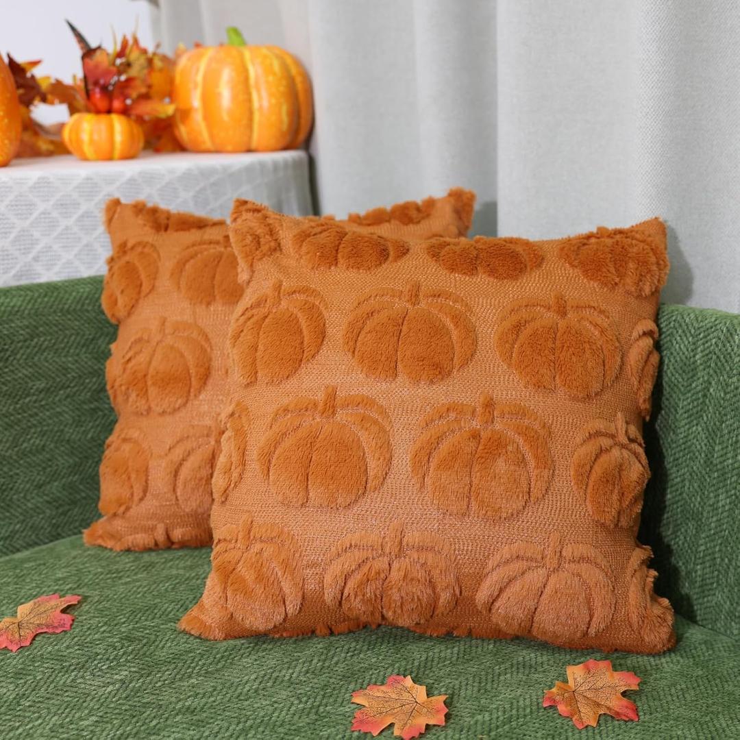 Windletgo Autumn Pumpkin Pillow Covers 18x18 Set of 2 Fall Thanksgiving Halloween Decorations Indoor Throw Pillow Case Soft Plush Faux Wool Cushion for Couch Sofa Bed Living Room (Caramel)