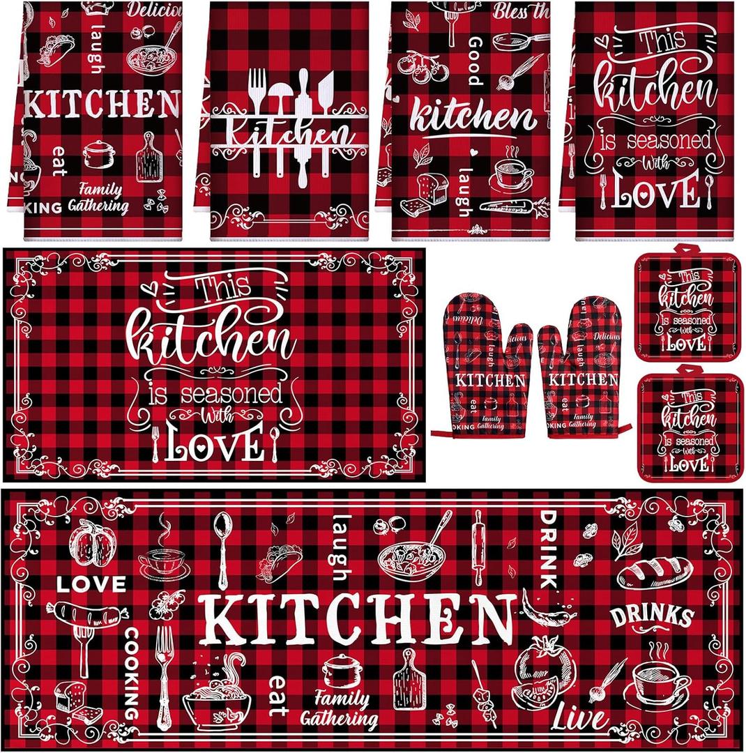 10 Pcs Christmas Kitchen Set, 4 Red and Black Plaid Kitchen Dish Towels 2 Farmhouse Pot Holders 2 Buffalo Check Oven Mitts Glove Rustic Non Slip Rugs and Mats for Home Decorations Christmas Mom Gifts