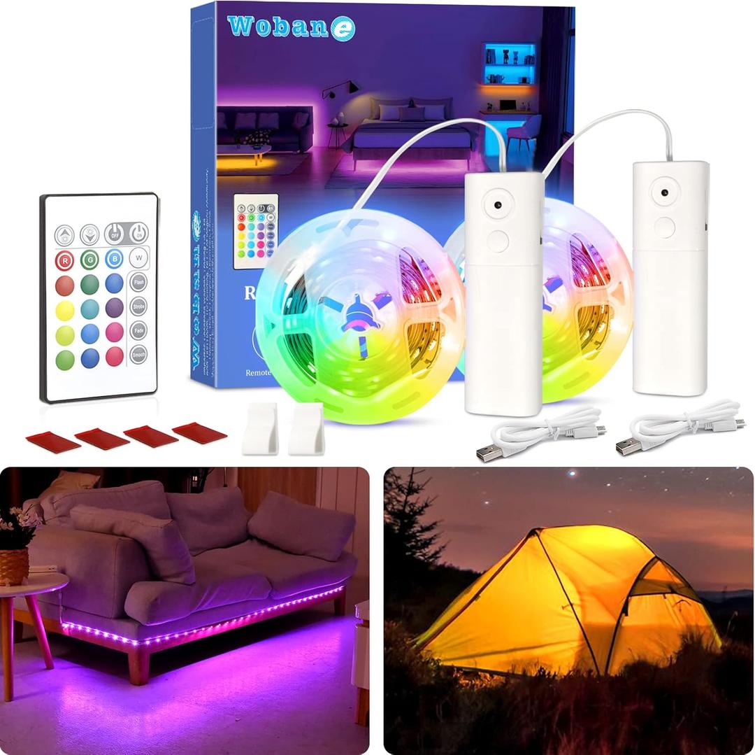 WOBANE 2PCS Rechargeable LED Strip Lights,Dimmable RGB Rope Lighting with Remote,Battery Operated Color Changing Light for Party,Shelf,Sofa,Desk,Game,Holiday,Indoor Decoration,2000mAH (2PCS(2X6.56ft))