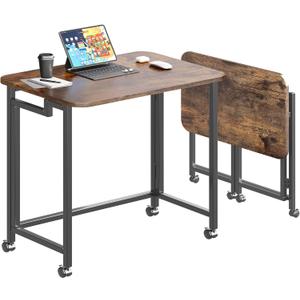 JSB Folding Desk for Small Spaces,Mobile Portable Rolling Laptop PC Table on Wheels,Foldable Computer Desk for Home Office,Bedroom,Dorm,Space Saving (Rustic & Brown, 31.5")