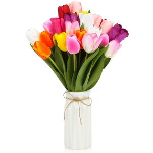 27pcs Colorful Artificial Flowers Tulips, Tulips with 1pc Plastic Vase, Fake Flowers Real Touch Flower 13.9", Christmas, Mother's Day, Easter, Valentine's Day, Family Kitchen, Wedding Decorations