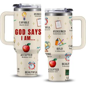Christian Teacher Gift, 40oz God Says I Am Teacher Tumbler With Handle, Christian Gifts for Women, Inspirational Religious Birthday Gifts for Teachers Bible Verse Cup, Teachers Appreciation Gifts