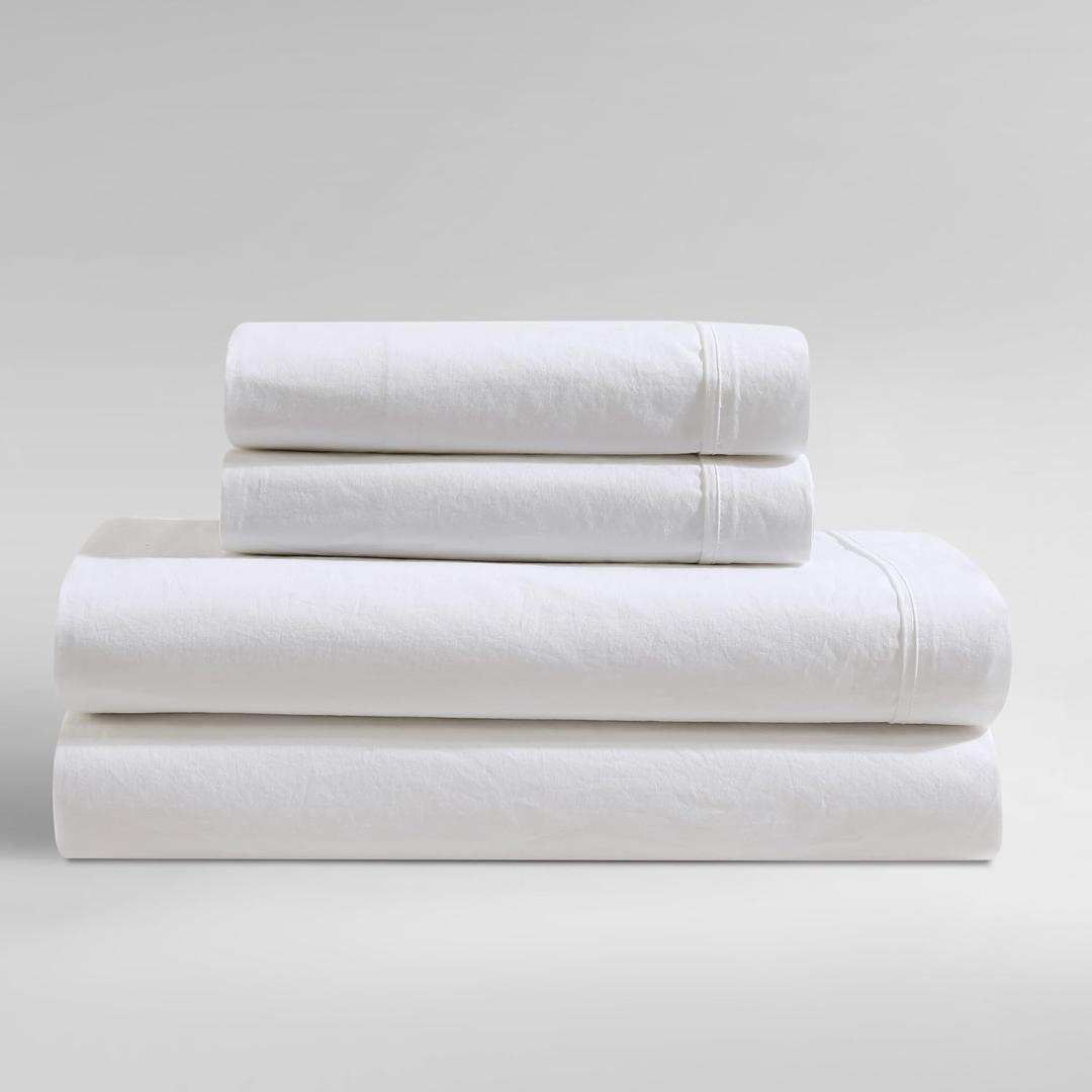 Calvin Klein - Queen Sheet Set, Crisp & Tailored Cooling Sheets with a Smooth Cotton Percale Lightweight Feel, Deep Pockets - Bed Sheets with Matching Pillowcases & Fitted Sheet (Washed Percale White)