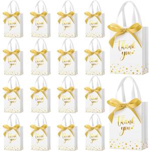 Kolldenn 36 Pack Small Thank You Gift Bags with Handles 5.9 x 4.3 x 2.4 Inches Christmas Party Favor Bags with Bow Ribbon Candy Goodie Gift Bag Bulk for Xmas Wedding Birthday Bridal Shower(White)