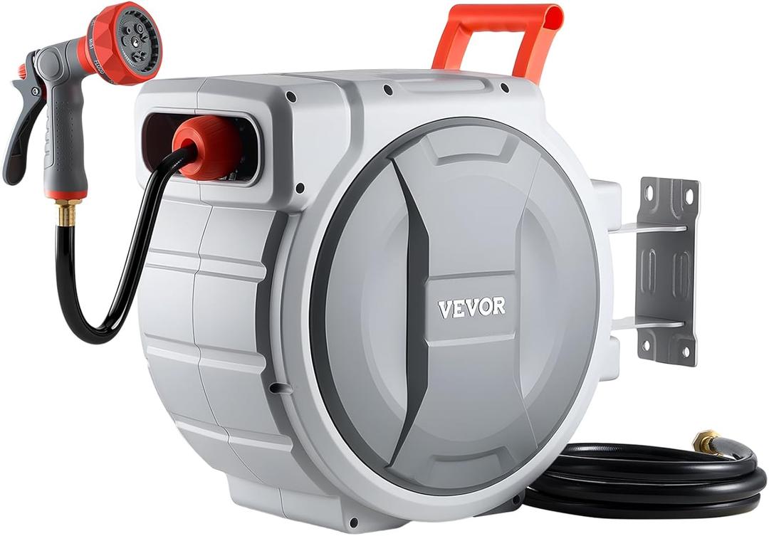 VEVOR Retractable Garden Hose Reel, 1/2 in x 100 ft, Wall Mounted Hose Reel with 9-Function Sprayer Nozzle and 180° Swivel Bracket, Any Length Lock, Automatic Slow Rewind System, for Garden Watering