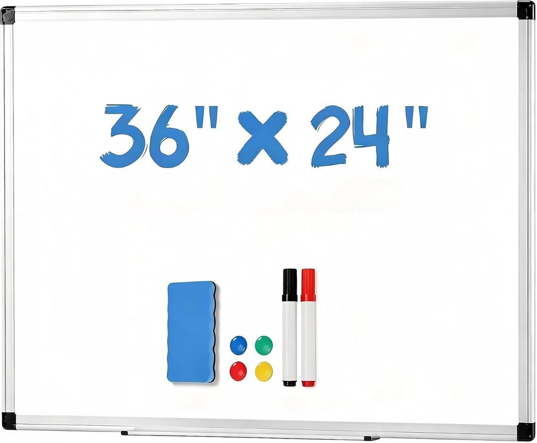 NEWBULIG White Board, 36" x 24" Magnetic Dry Erase Board for Wall with 1 Dry Eraser & 2 Multi-Color Markers & 4 Magnetic Pins, Silver Aluminum Frame for Office, Home, School, White