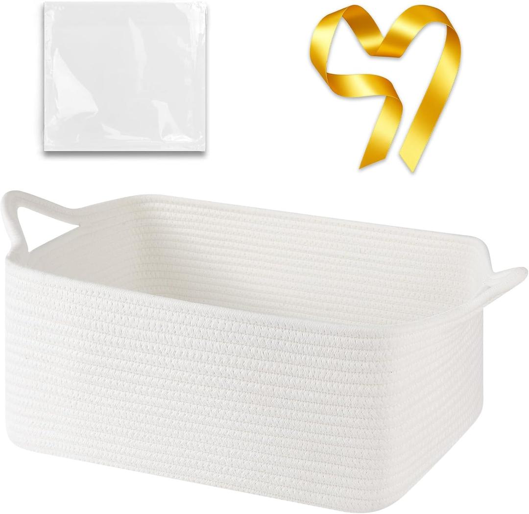 OIASKET Large Empty Gift Baskets for Baby Shower, 16.5" L x 12.6" W x 7" H Cute Woven Storage Basket with Gift Bags and Ribbons, Small Rope Toy Basket with Handles, Cat Dog Pet Toy Organizer - White