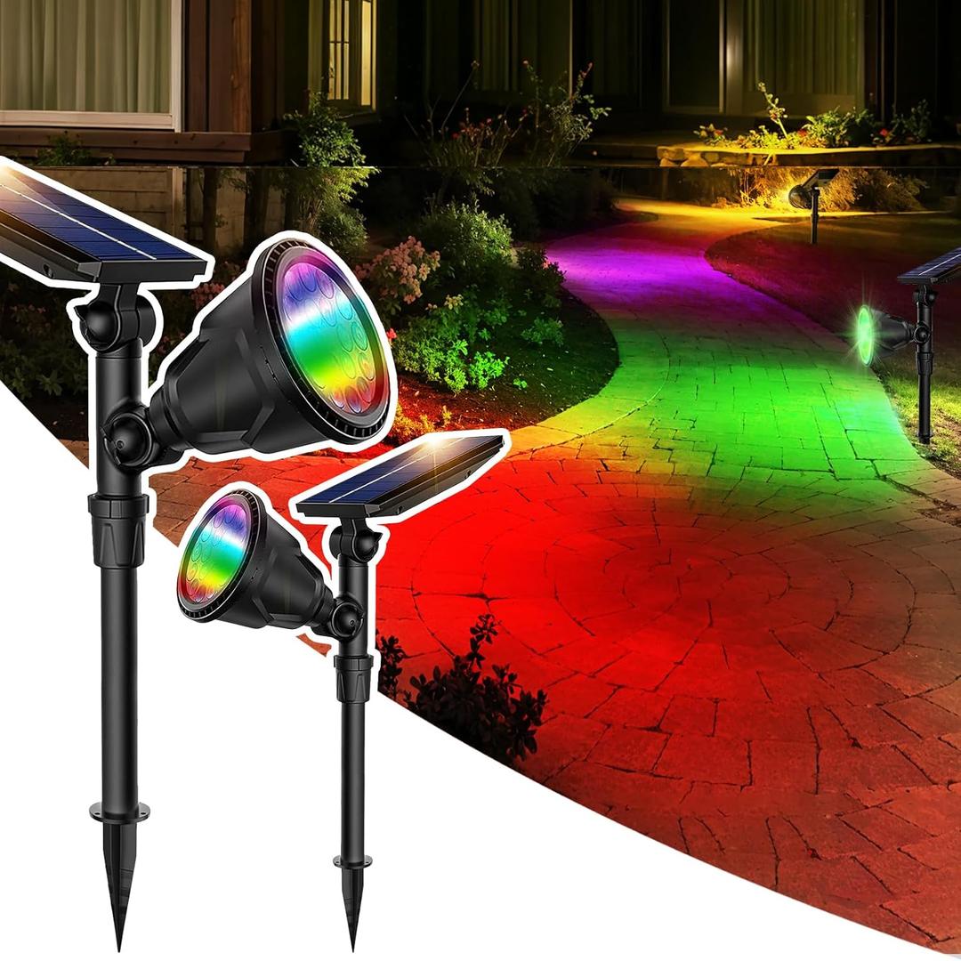 JSOT 2 Pack Christmas Solar Spotlights, RGB Solar Spot Light Outdoor Waterproof Color Changing Landscape Lighting with 9 Lighting Options Decor for Backyard Walkway Tree Lawn