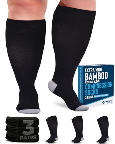 Doctor's Select 3 Pairs Plus Size Compression Socks Wide Calf | Bamboo Viscose Knee High Extra Wide Calf Compression Socks Women & Men | Black 3XL