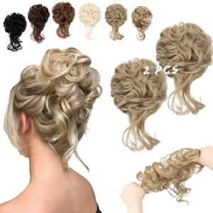 2PCS Messy Bun Hair Piece Tousled Updo with Tendrils Wavy Curly Hair Bun Scrunchies Ponytail Extension Elastic Band Hairpieces For Women (Ash Blonde)