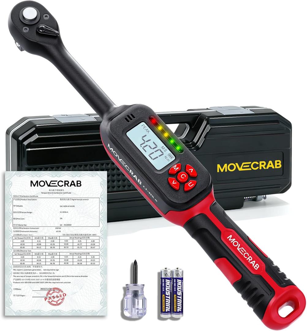 Professional 3/8" Digital Torque Wrench, 4.2-85 Nm/3-62.6 Ft-lb, ±2% Accuracy, Rechargeable, Triple Warning System, Track & Peak Modes, LED Display, 4 Units for Mechanics