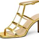 Womens Strappy Heels 3 inch Slingback Square Open Toe Stilettos Sandals, Patent Leather, Sexy Party Dress Shoes (10, Gold)