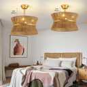 Boho Fandelier Ceiling Fan with Light and Remote Rattan Chandelier Fan Gold Caged Ceiling Fan with Light for Bedroom, Living Room Nursery Foyer Kitchen（6 Speed, Timing Adjustable Height）