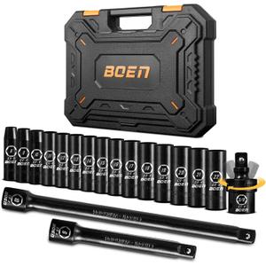 BOEN 3/8" Drive Deep Impact Socket Set, 18 Piece Metric Socket Set 8mm to 22mm, Includes 6", 10" Extension Bars, Universal Joint, 6 Point Design, Cr-V Steel, Heavy Duty Storage Case
