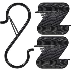 24 PCS S Hooks for Hanging with Safety Buckle, 3.5 inch Heavy Duty Metal S Shaped Hooks for Kitchen Utensil, Cups, Pots, Plants, Bags, Hats (Black)