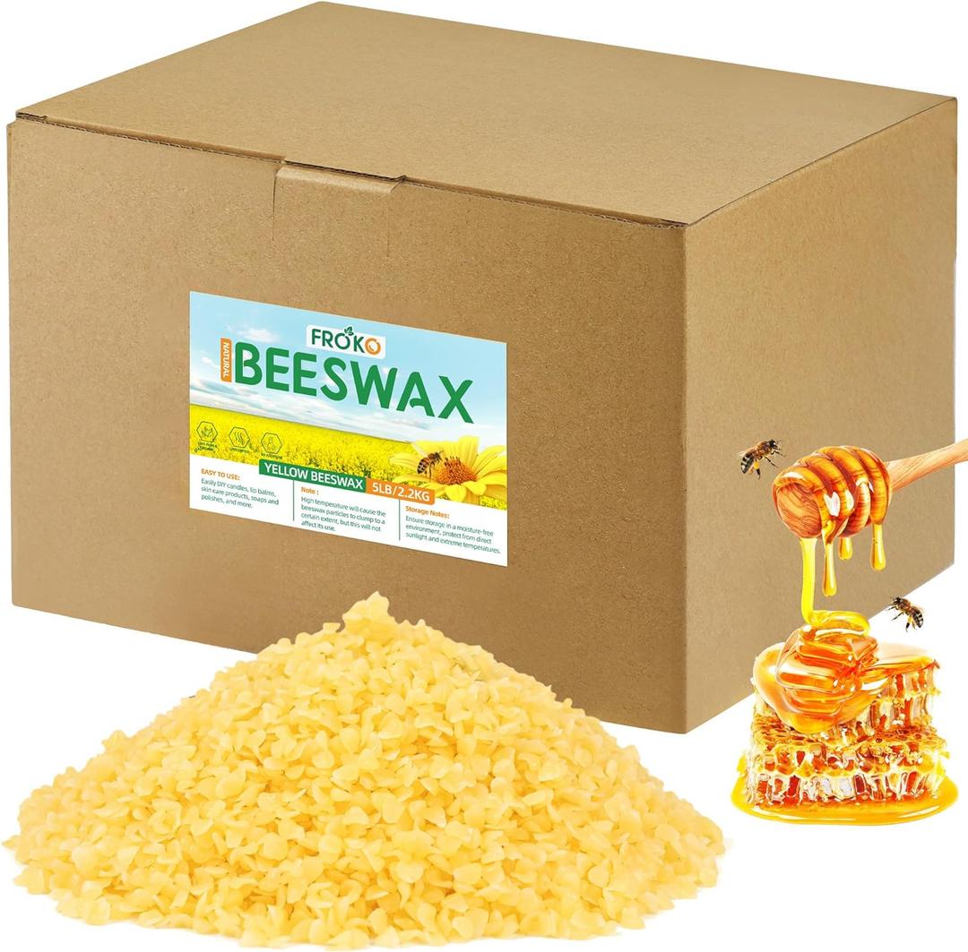 FROKO Yellow Natural Beeswax Pellets 5LB, Organic Beeswax, Beeswax for Candle Making, Body, Skin Care DIY, Lip Balm, Soap and Lotion Making Supplies