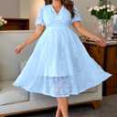 EYWOL Plus Size Wedding Guest Dress: Cocktail Dresses for Women - Brunch Dress with Sleeves - A Line Elegant Party Prom Blue (Blue, XXL)