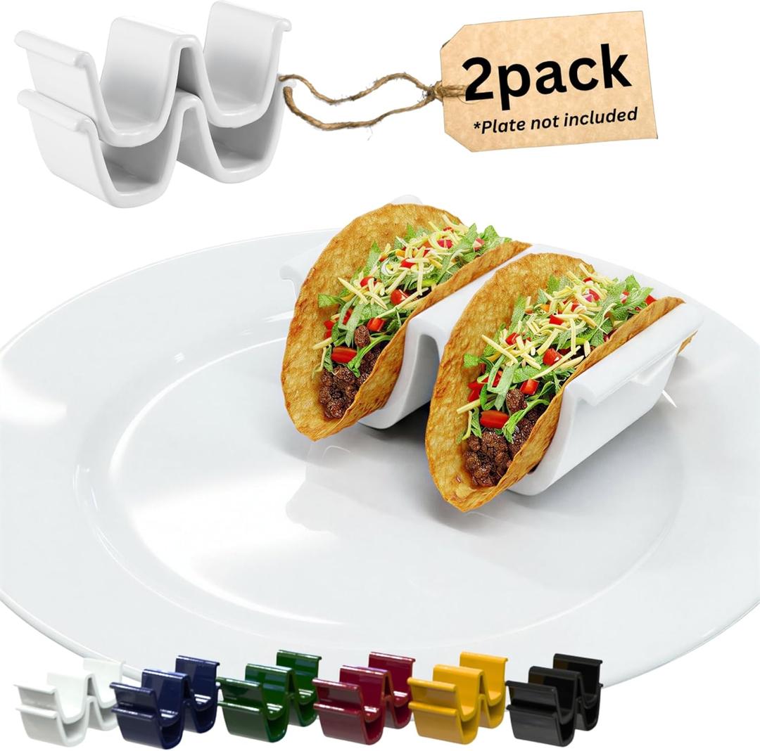 HolaTasty Taco Shell Holder Ceramic, Taco Gifts for Thanksgiving Christmas - Taco Holders Set of 2, Dual Taco Stand for Plates - Hold Street/Hard Shells, Mini Taco Night Accessories for Taco Lovers (White - 2 Pack)
