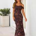 MEROKEETY Women's 2026 Summer Off The Shoulder Spaghetti Strap Floral Mesh Wedding Guest Cocktail Formal Party Maxi Dresses (Brown, M)
