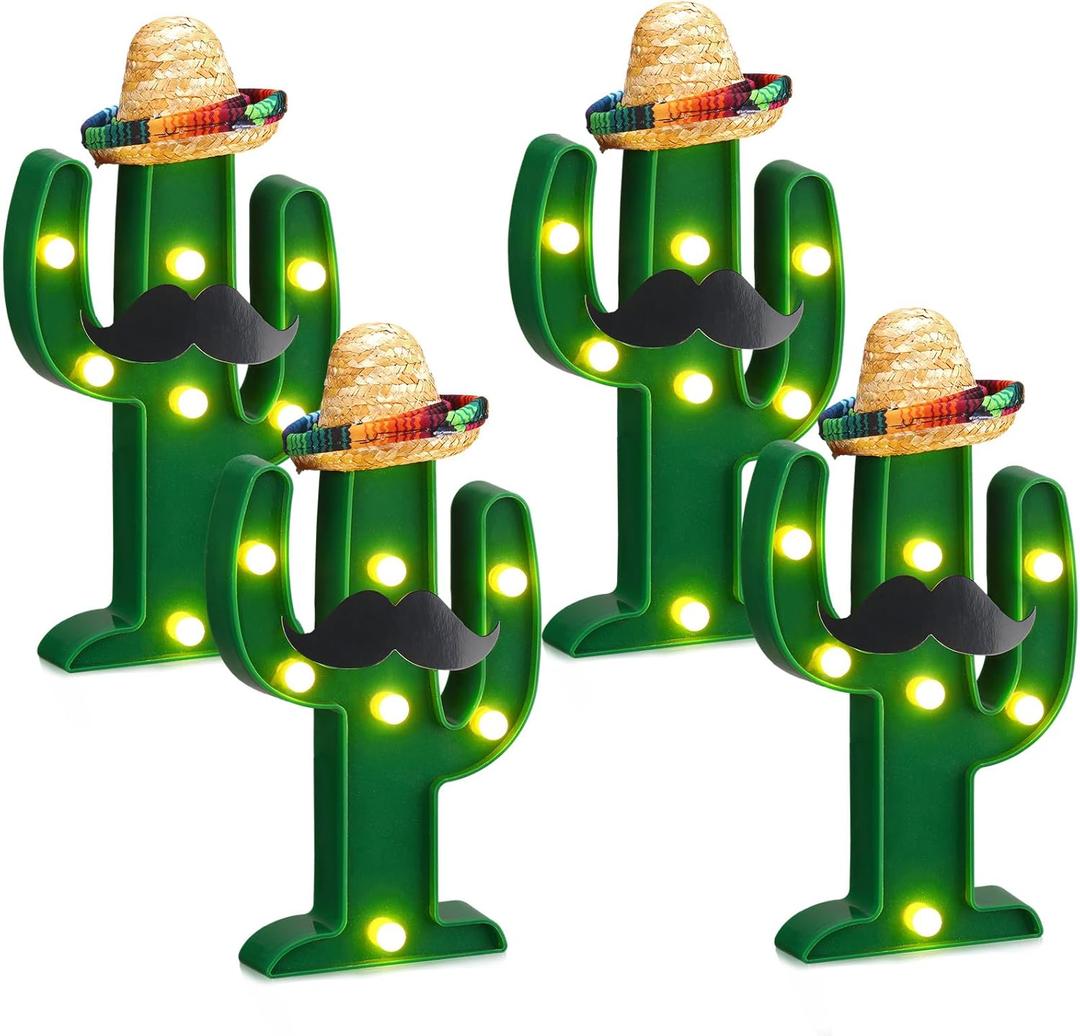 12 Pcs Fiesta Mexican Party Decoration LED Cactus Light with Mini Sombrero Straw Hats and Fake Beard Cinco De Mayo Table Decor Mexican Party Supplies for Fiesta Table Room Bedroom Decoration
