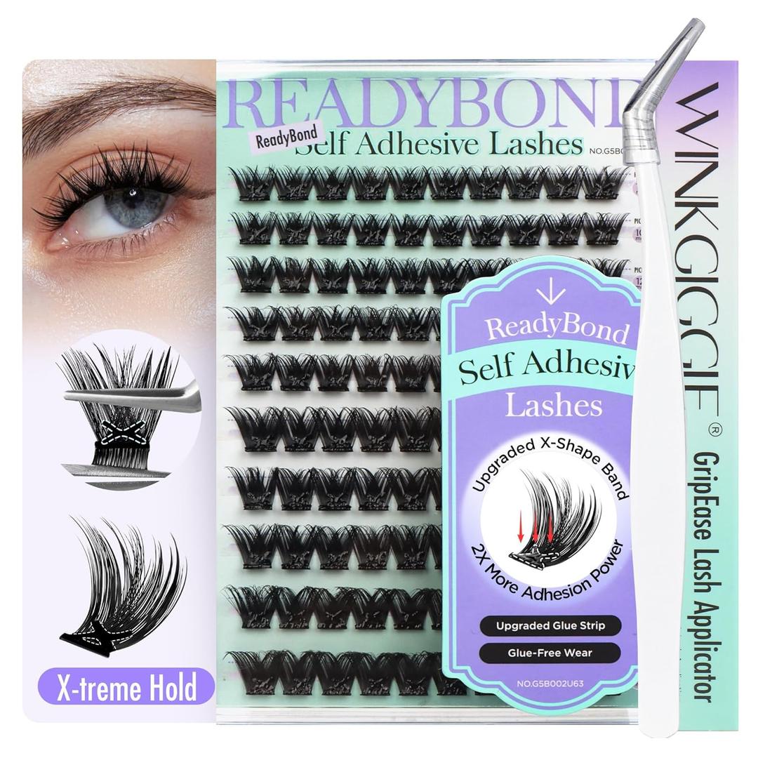 Self Adhesive Lash Clusters, Winkgiggle 100pcs No Glue Needed Self Adhesive Eye Lashes Clusters, Reusable Pre-Glued Lashes No Remover No Residue for BeginnersVolume-Mixed