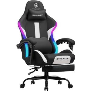 GTRACING Gaming Chair with Foot Rest & Racing Style RGB LED Lights, Breathable Fabric for Home Office Desk, Ergonomic High Back Computer Chair with Headrest & Lumbar Support, RGB Black