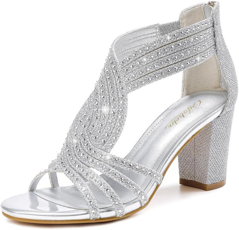 Gufobela Heels for Women Chunky Rhinestone Block Heeled Sandals Sparkly Open Toe Formal Dressy Shoes Wedding Prom Homecoming Hoco (1122 Silver 7)