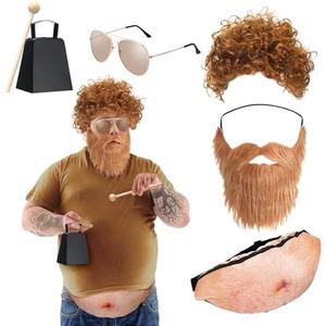 Mepase 6 Pcs Halloween Cowbell Costume Accessories Set Adult Costumes Outfit with Brown Afro Wig Beards, Sunglasses, Drumsticks, Fake Belly, Cowbells for Halloween Party Cosplay