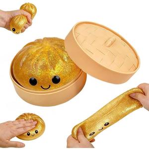 Dumpling Squishies, Glitter Dumpling, Glitter Dumplings Squishy with Box, Dumplings Sensory Squeeze Toy for Stress Relief Stretchy Desk Toys (Gold)