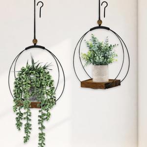 Hanging Planters for Indoor Plants - Plant Hanger Outdoor Pack of 2, Metal Plant Hanger Mid Century, Hanging Wall Ceiling Window, Gift for Mom, Plant Lovers, Housewarming (Black Metal/Walnut Wood Base)