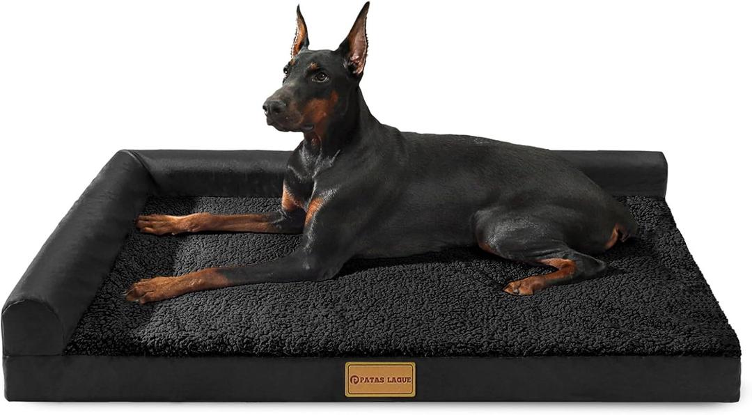 Patas Lague Orthopedic XL Dog Bed Large Sized Dog 42''X28'', Waterproof L Bolster Big Pet Sofa Beds with Removable Washable Cover, Soft Comfortable Pet Couch Crate Mat with Nonskid Bottom, Black