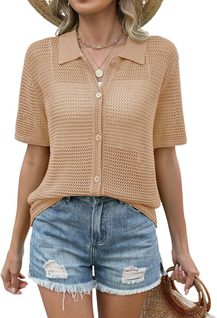 AKEWEI Womens Spring Summer Cardigans Women Collared Short Sleeve Sweater Shirts Knit Beach Cover Up Tops (Large, Dark Apricot)